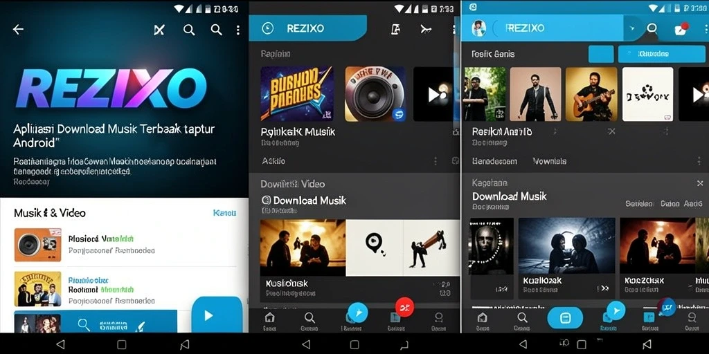 Tampilan antarmuka pengguna REZIXO yang menarik dengan fungsi Download Musik.